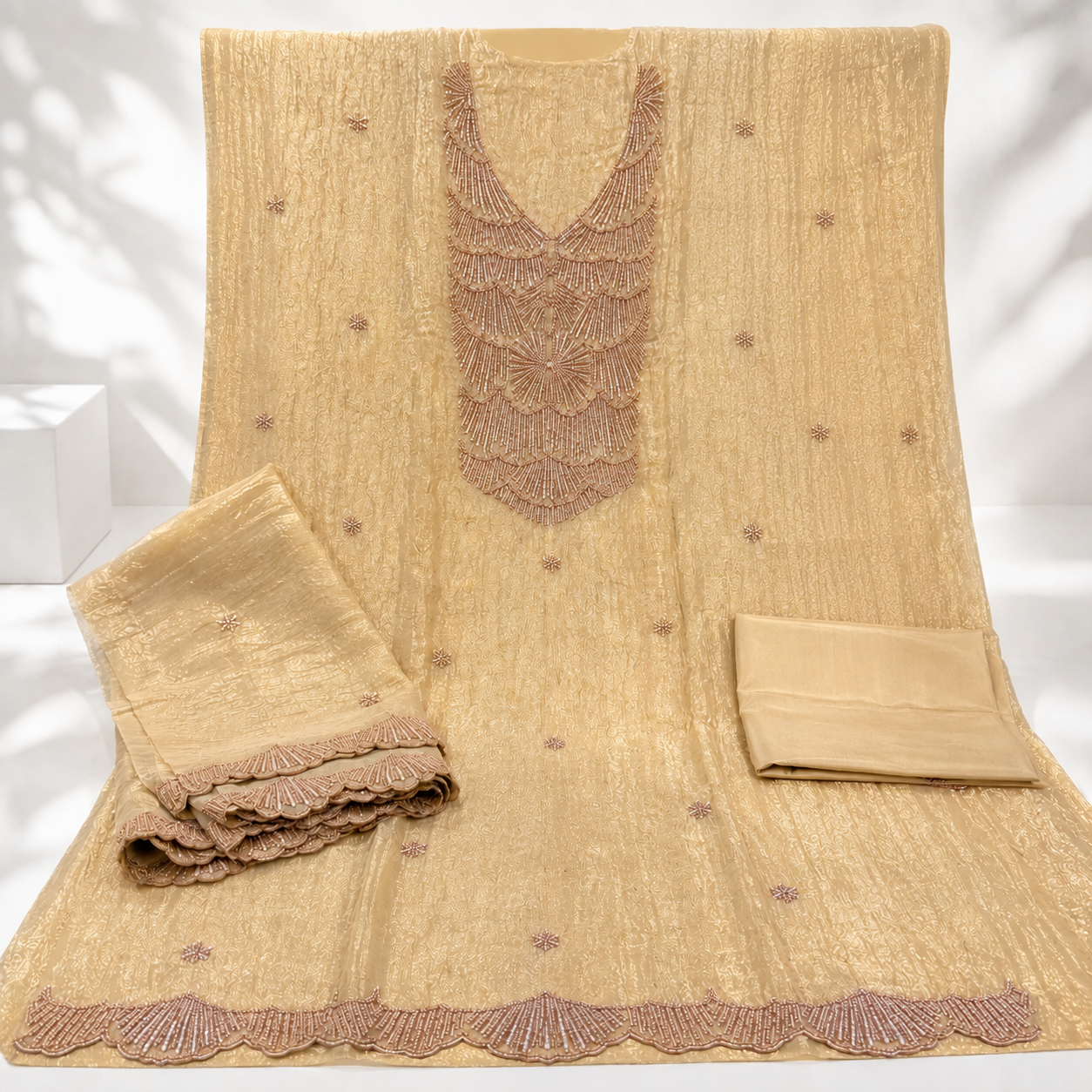 Exclusive Crushed Tissue Beads Work Party Wear Unstitched Suit Set (₹4450 per suit)