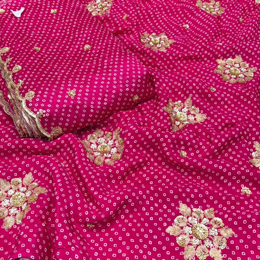 Pure Crepe Bandhani Cutdana Nalki Work with Matching Chinon Dupatta