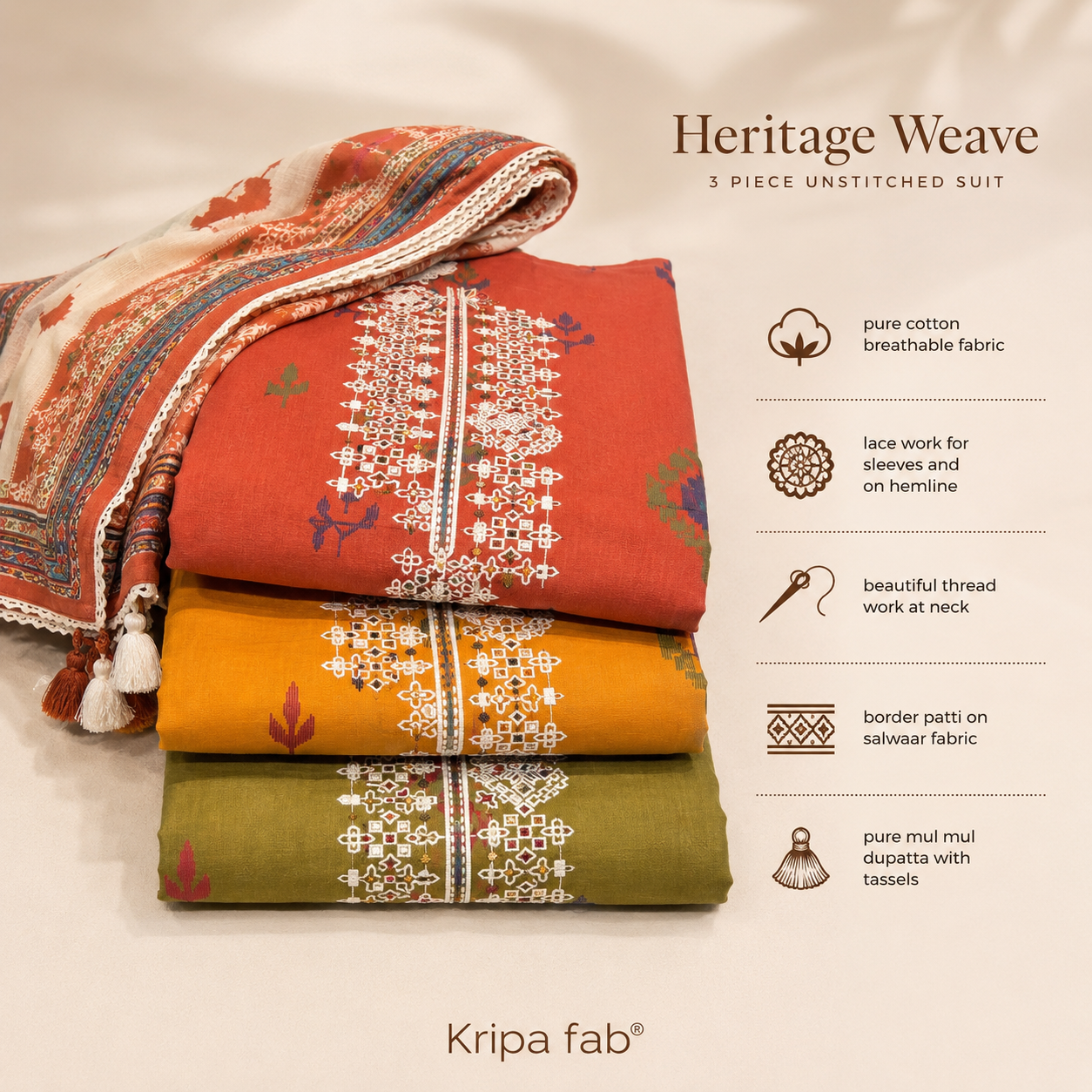 Pure Cotton Lacework Unstitched Suit (₹2150 per suit)