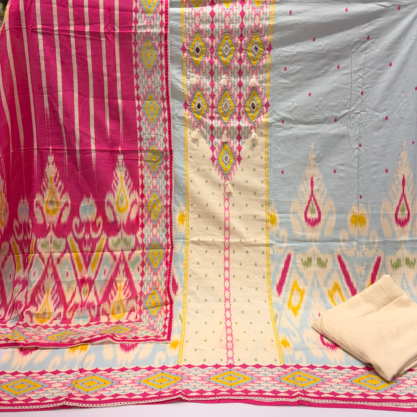 Premium Pure Cotton Mirror Work Unstitched Suit with Lace Work Dupatta (₹1990 per suit)