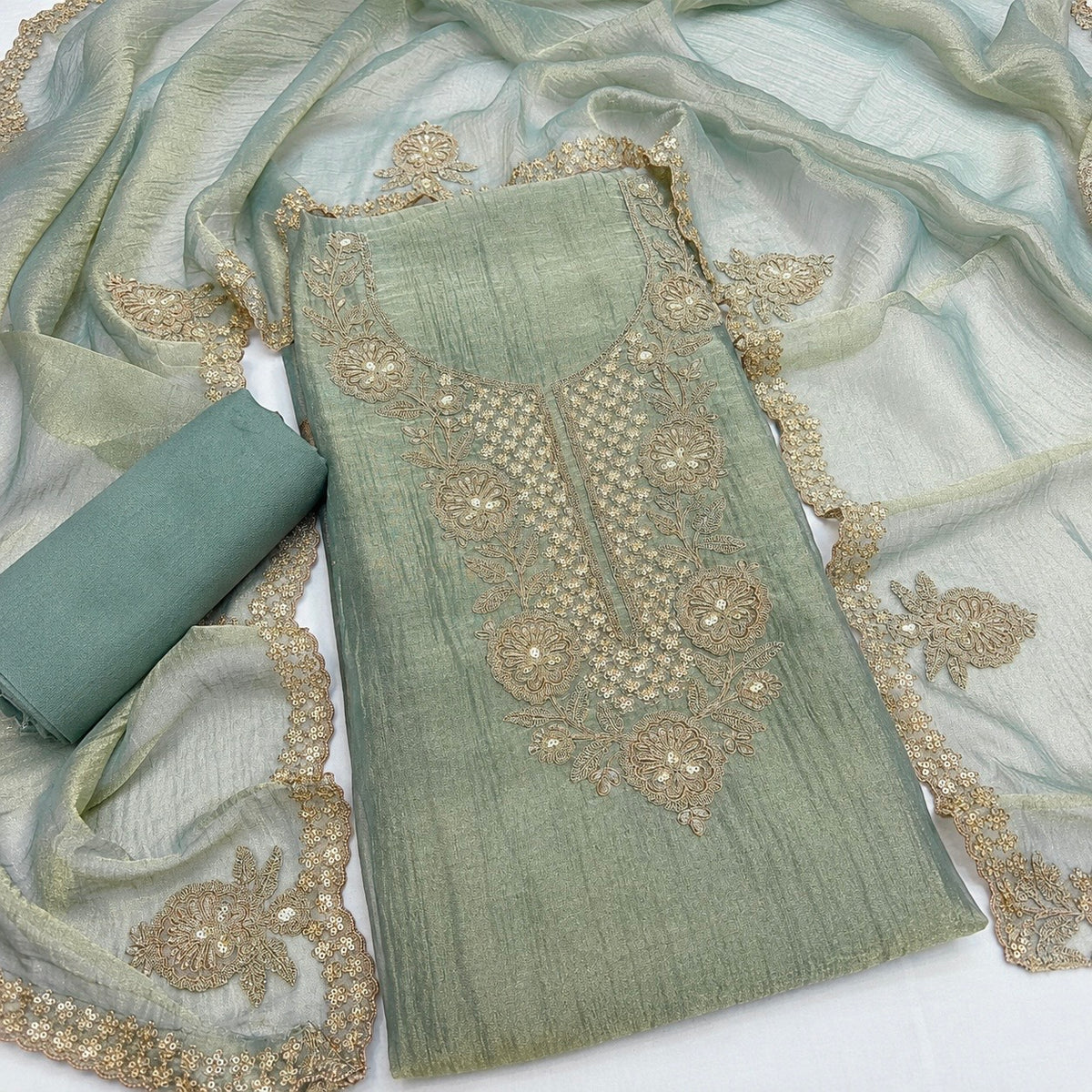 Premium Crush Tissue Embroidered Unstitched Suit Set | Festive Wear Dress Material | 4 Colours (₹4400 per suit)
