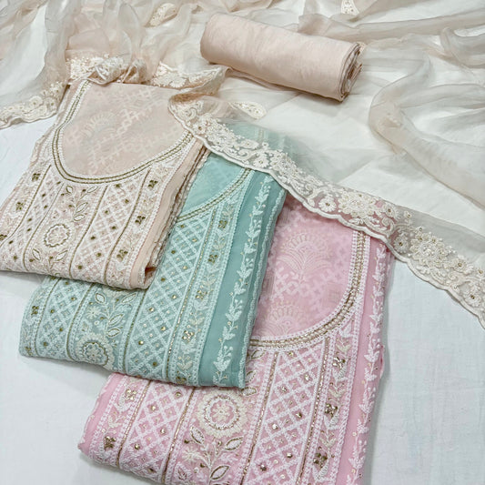 Pure Georgette Lakhnawi work Unstitched Patel Suit