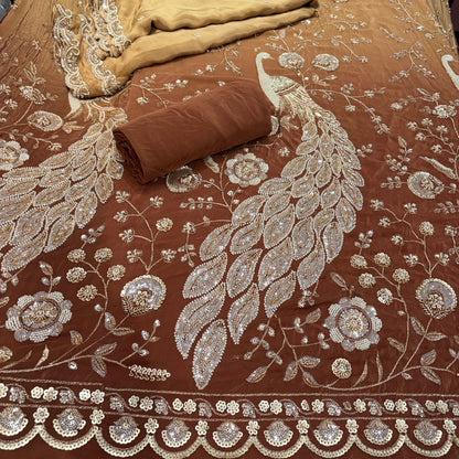 Peacock Crepe Cutdana Nalki Work Unstitched Suit