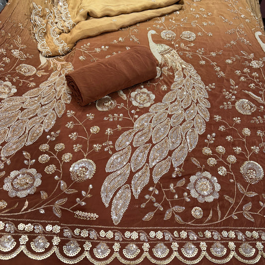 Peacock Crepe Cutdana Nalki Work Unstitched Suit