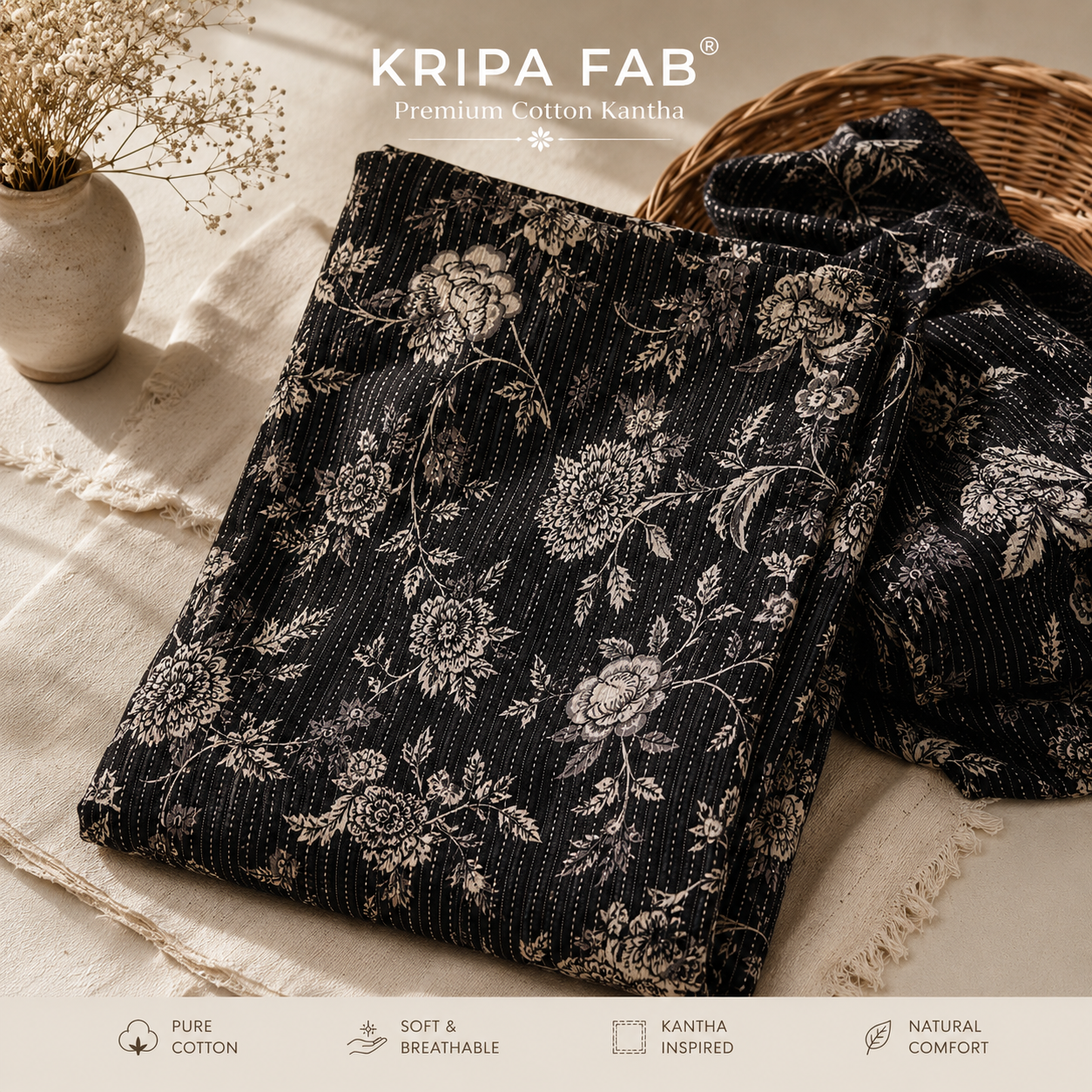 Pure Cotton Kantha Floral Block Print Black I Summer Friendly (₹175 per meter)