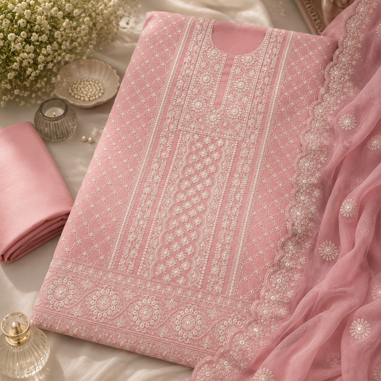 Pure Viscose Georgette Lakhnavi Embroidered Unstitched Suit with Faux Mirror Work & Pure Chiffon Dupatta (₹2599 per suit)