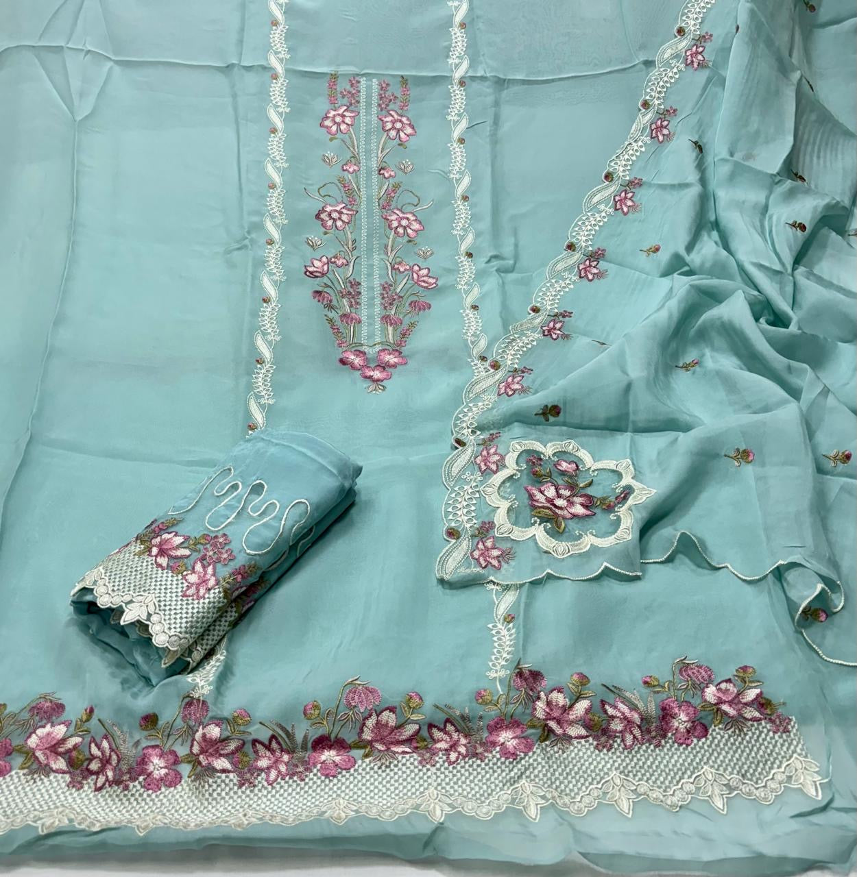 Pure Organza Resham Thread Work with Pure Crepe Bottom Suit