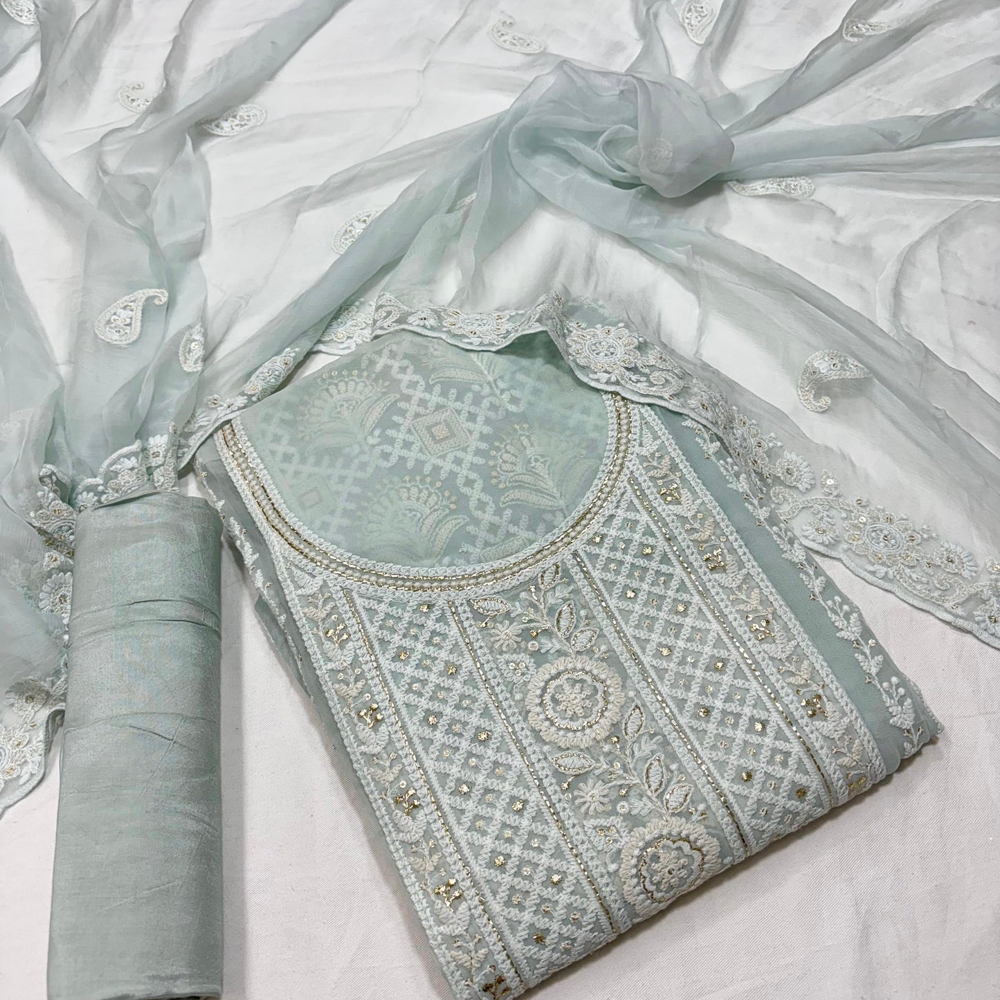 Pure Georgette Lakhnawi work Unstitched Patel Suit