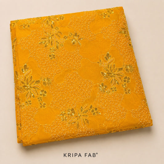 Yellow Heavy Beads & Sequins Embroidered Designer Georgette Fabric (₹950 per meter)