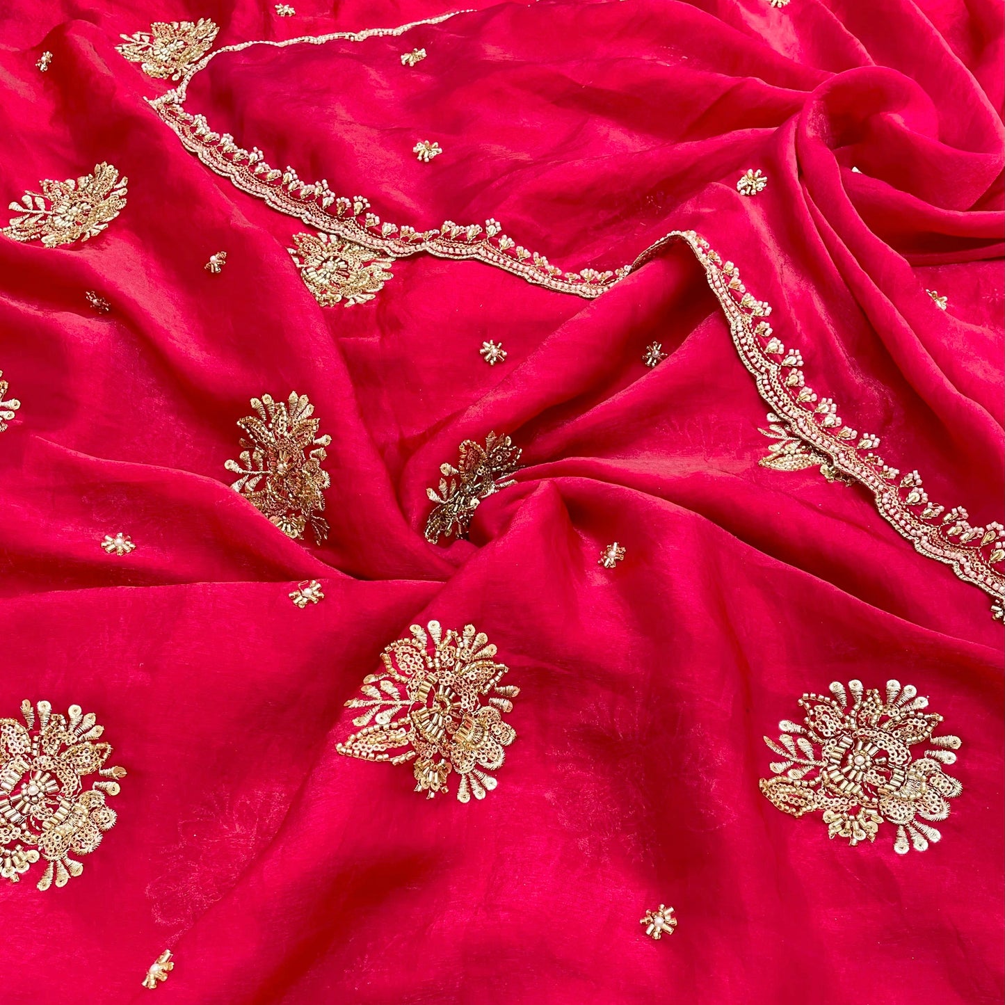 Magenta (Red + Pink) Organza Shimmer Suit with Heavy Nalki Cutdana Embroidery & Handwork Dupatta | Unstitched Punjabi Suit (₹2999 per suit)