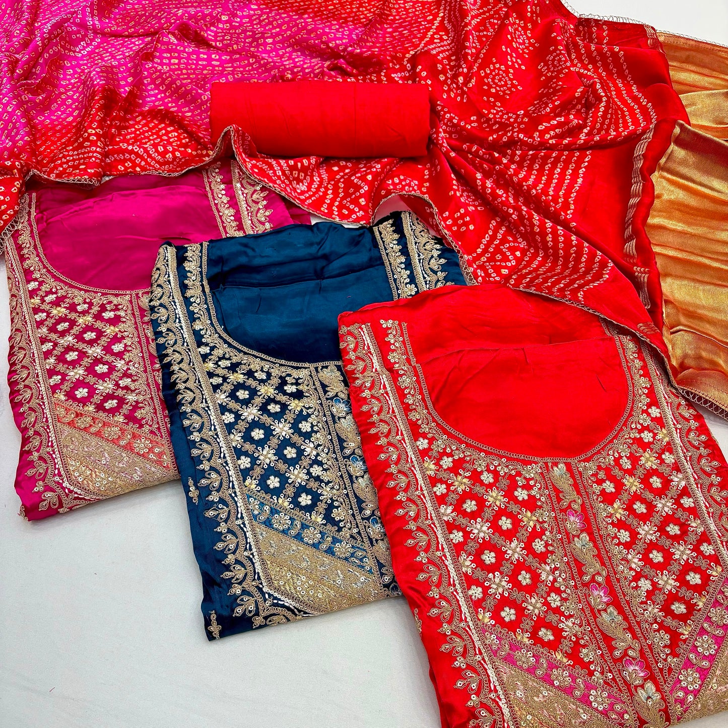 Gajji Silk Unstitched Suit with Embroidered Neckline & Bandhani Print (₹3700 per suit)