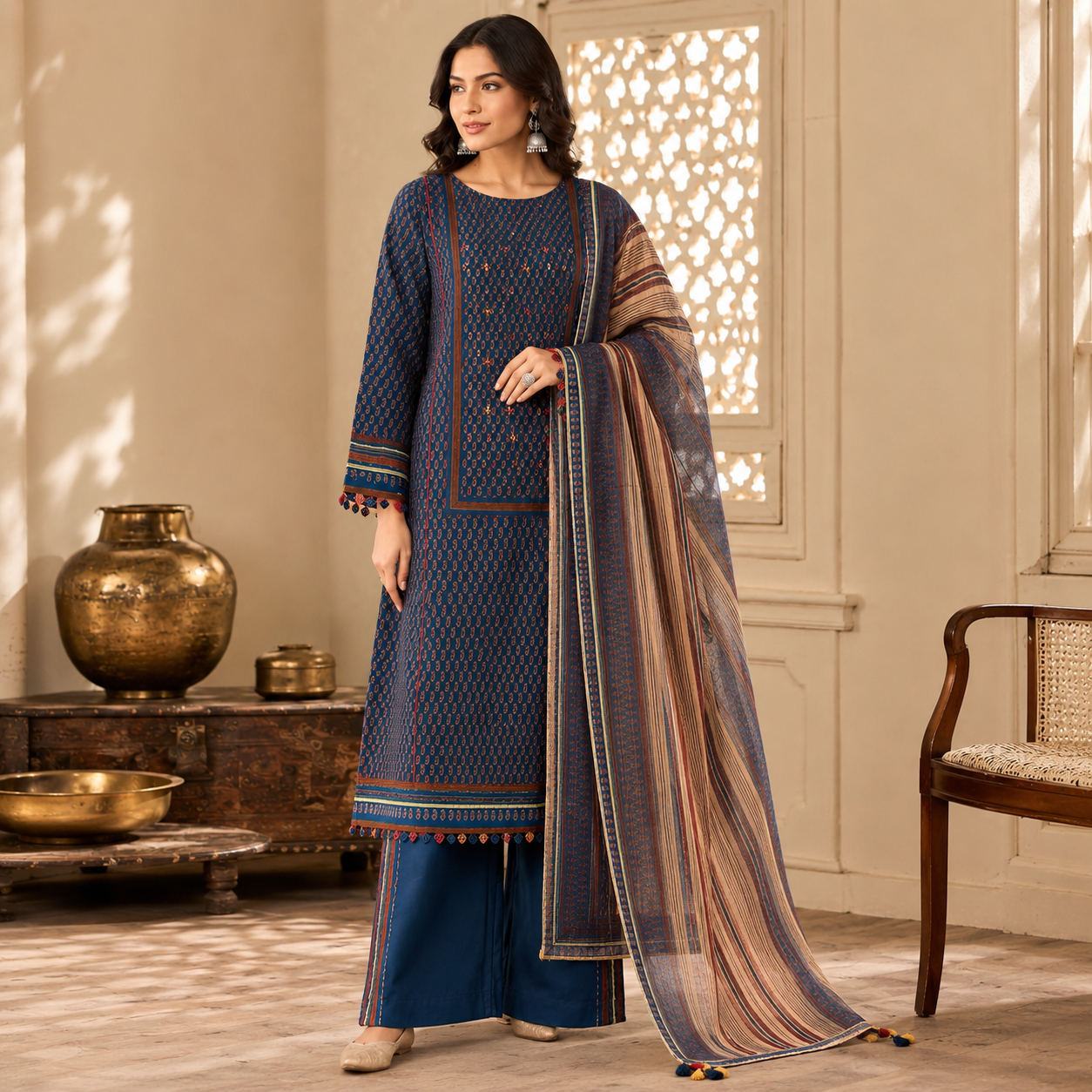 Organic Cotton Lacework Unstitched Suit Blue