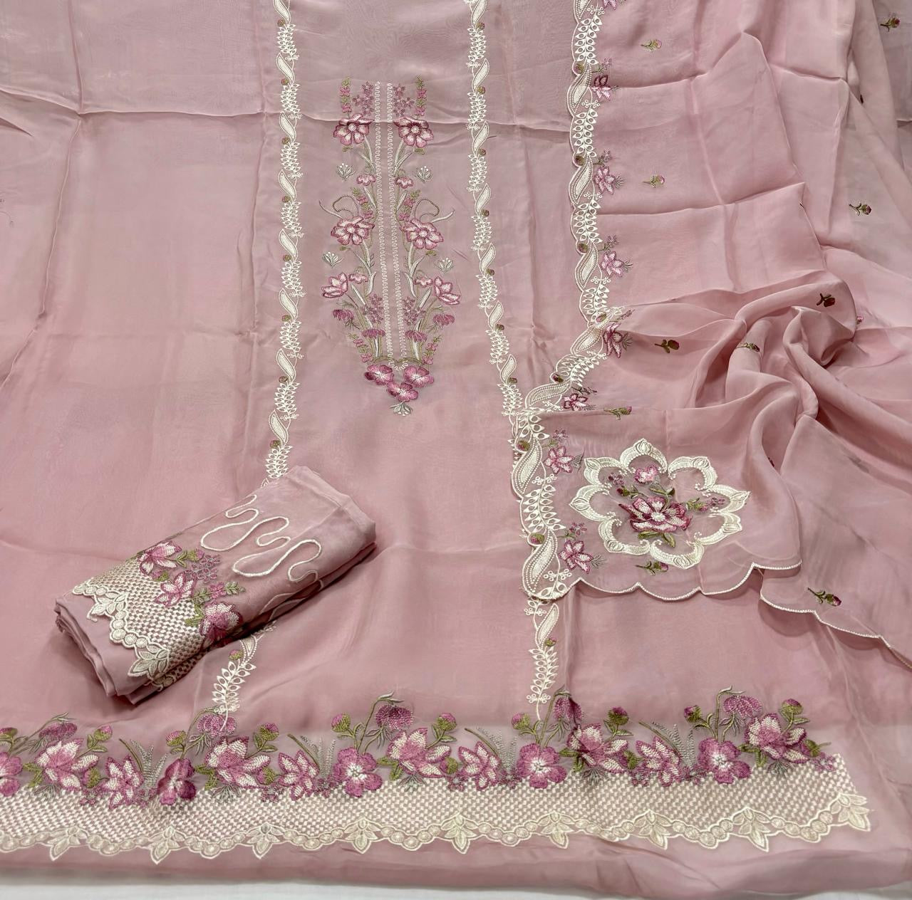Pure Organza Resham Thread Work with Pure Crepe Bottom Suit