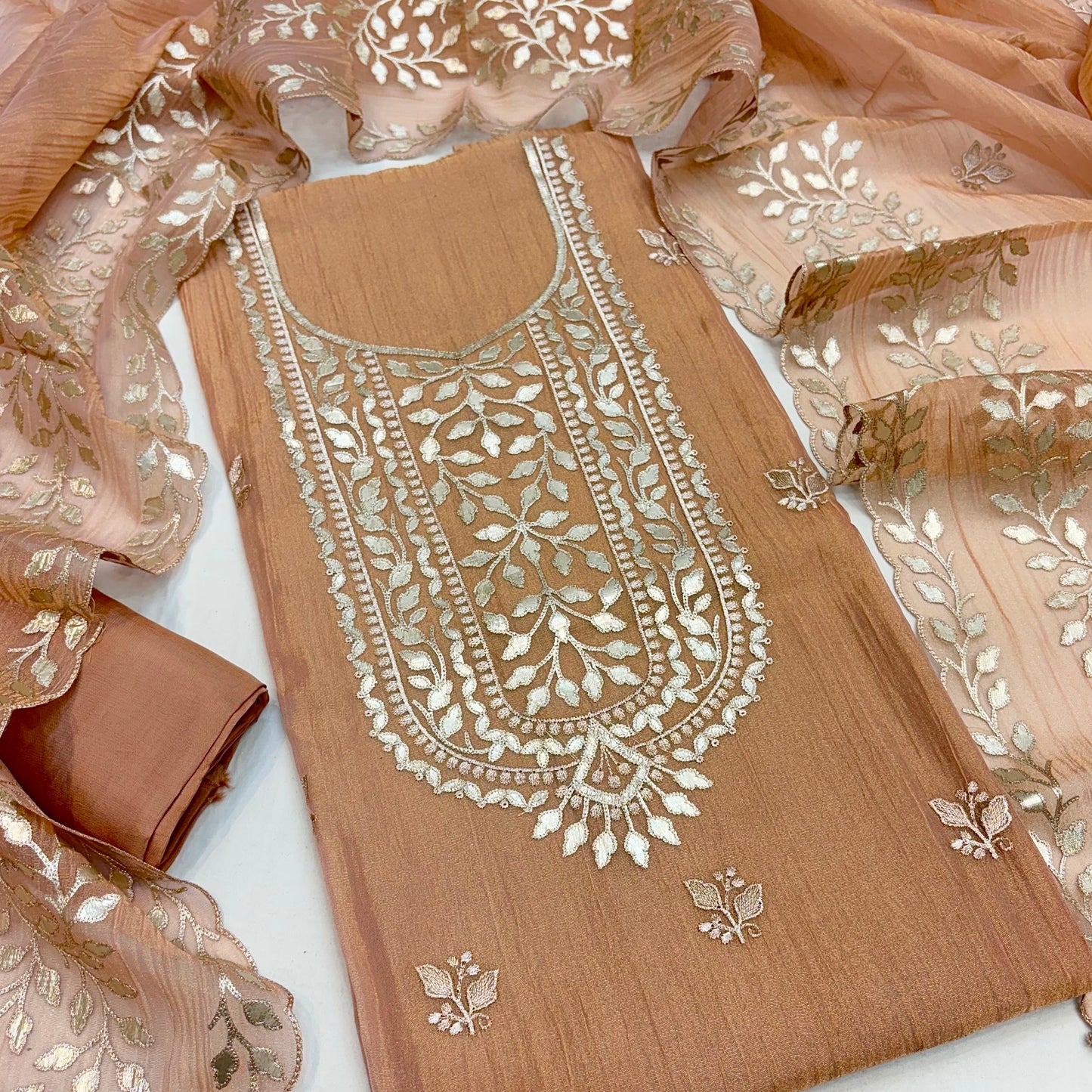 Premium Gold Foil Patti Crush Silk Tissue Embroidered Unstitched Suit Set | Pakistani Style | Taupe Beige (₹4500 per suit)