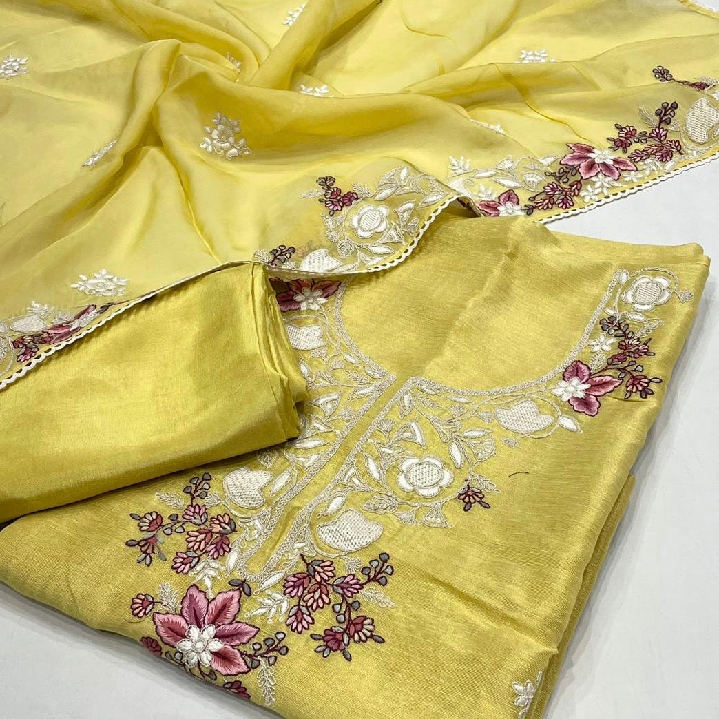 Linen Tissue Embroidered Suit (Shirt/Bottom/Dupatta)