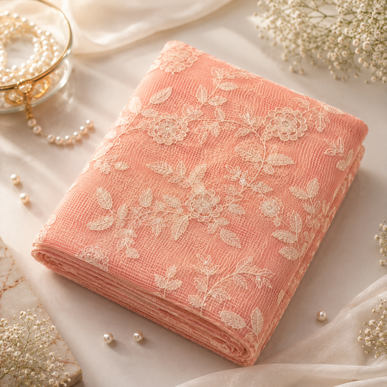 Premium Floral Embroidered Kota Doriya Fabric (₹400 per meter)