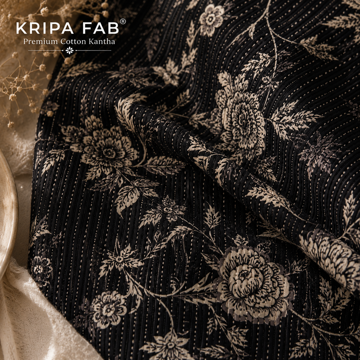 Pure Cotton Kantha Floral Block Print Black I Summer Friendly (₹175 per meter)