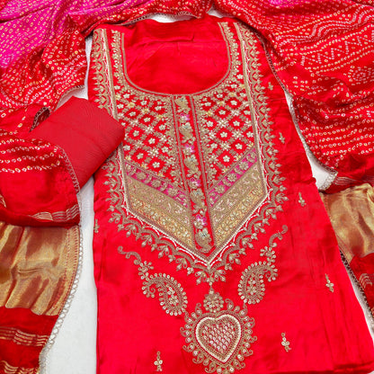 Gajji Silk Unstitched Suit with Embroidered Neckline & Bandhani Print (₹3700 per suit)