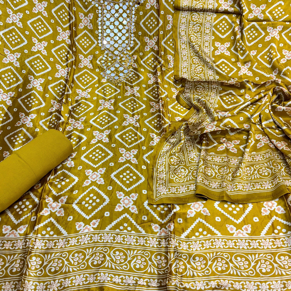 Authentic Gajji Silk Unstitched Suit with Mirror Neckline  (₹3295 per suit)
