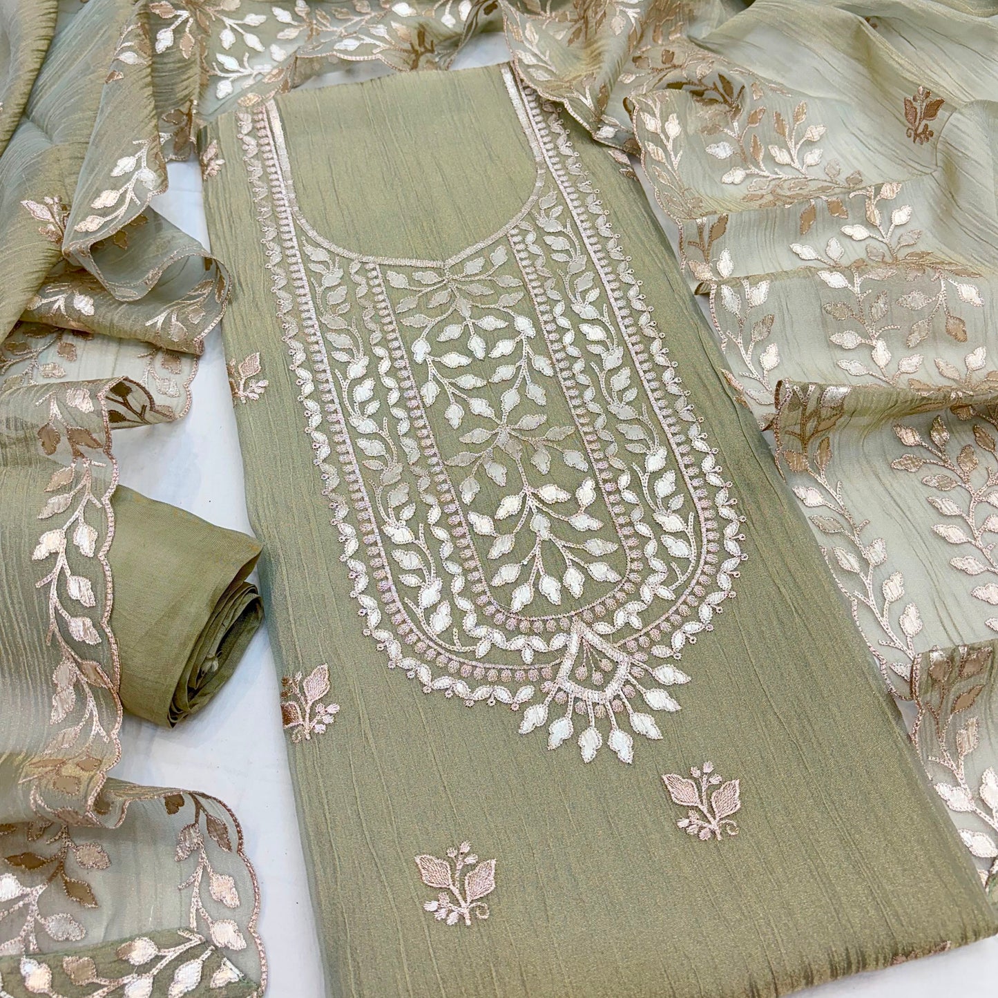 Premium Gold Foil Patti Crush Silk Tissue Embroidered Unstitched Suit Set | Pakistani Style | Taupe Beige (₹4500 per suit)