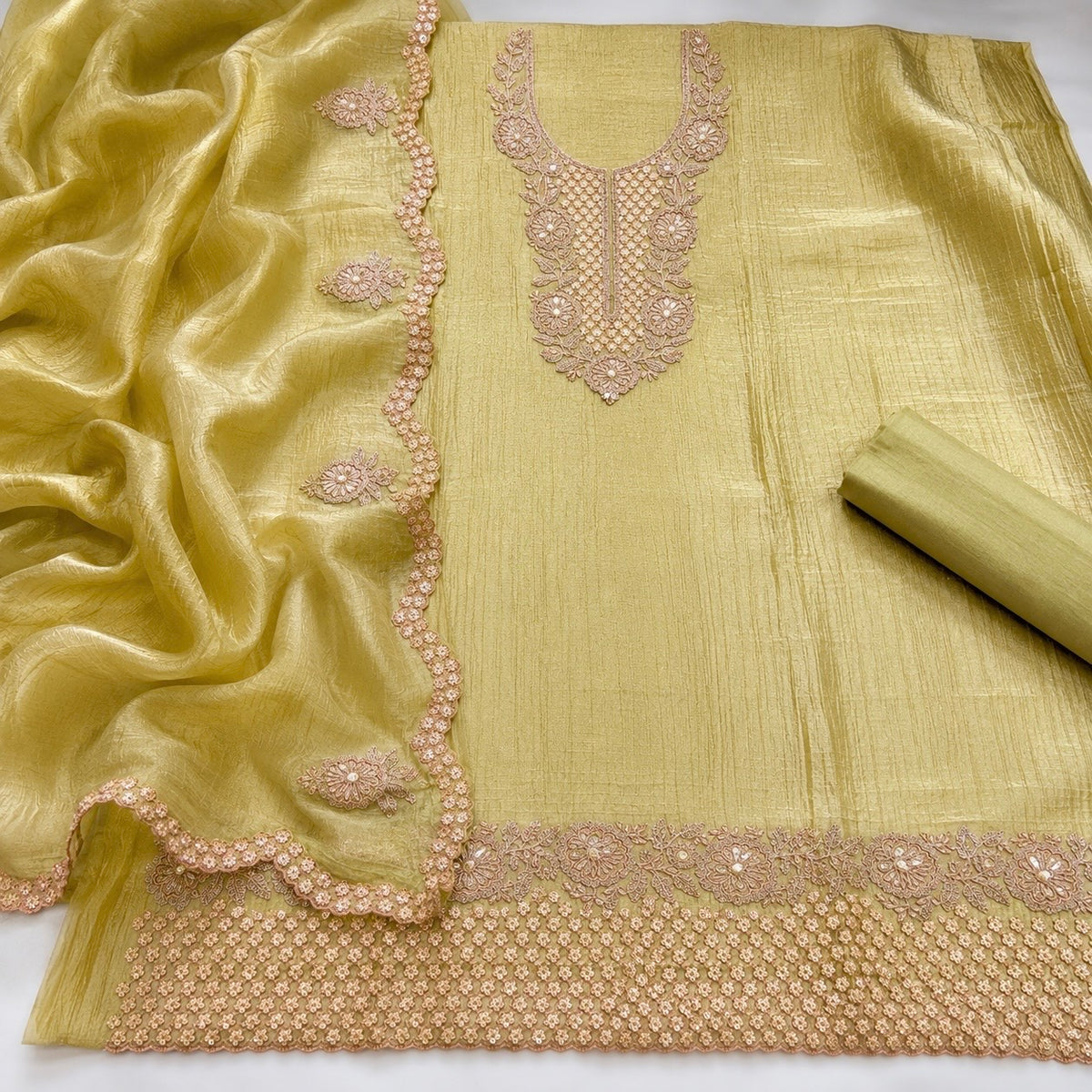 Premium Crush Tissue Embroidered Unstitched Suit Set | Festive Wear Dress Material | 4 Colours (₹4400 per suit)