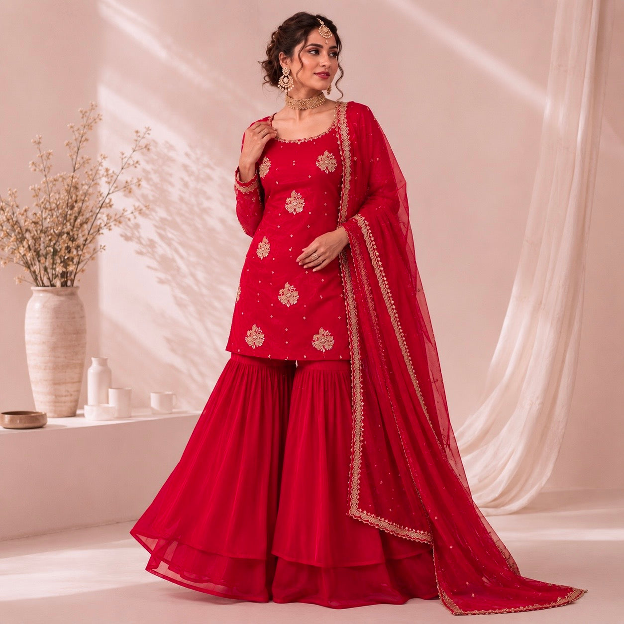 Magenta (Red + Pink) Organza Shimmer Suit with Heavy Nalki Cutdana Embroidery & Handwork Dupatta | Unstitched Punjabi Suit (₹2999 per suit)