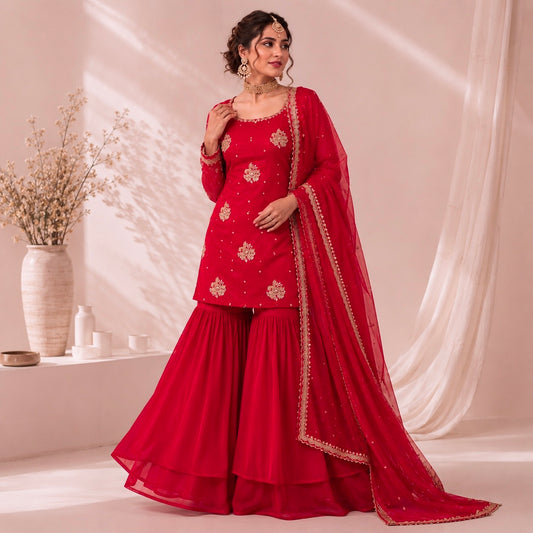 Magenta (Red + Pink) Organza Shimmer Suit with Heavy Nalki Cutdana Embroidery & Handwork Dupatta | Unstitched Punjabi Suit (₹2999 per suit)