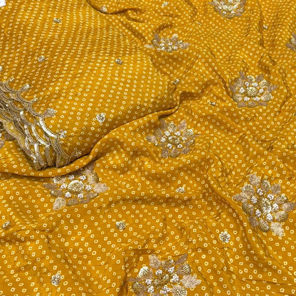 Pure Crepe Bandhani Cutdana Nalki Work with Matching Chinon Dupatta(₹650 & ₹550 per meter)