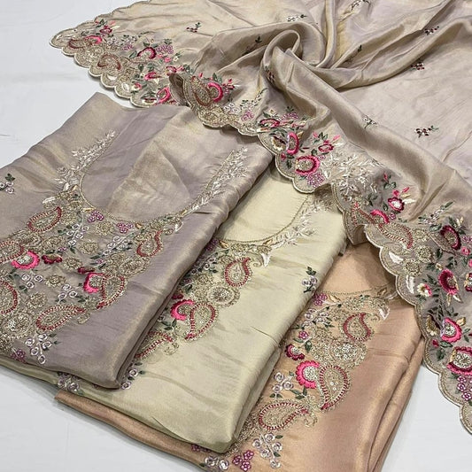 Pure Tissue Embroidered Suit (Shirt/Bottom/Dupatta)