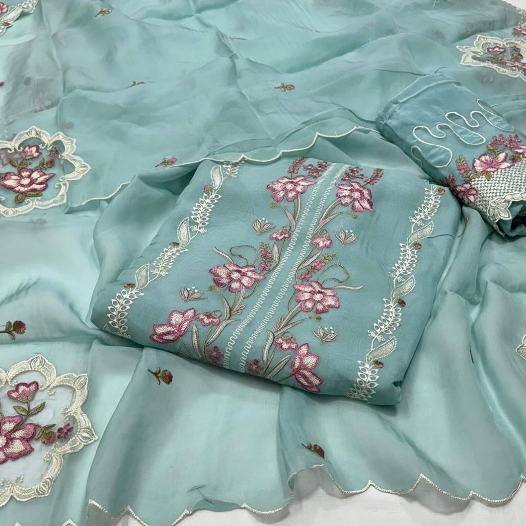 Pure Organza Resham Thread Work with Pure Crepe Bottom Suit