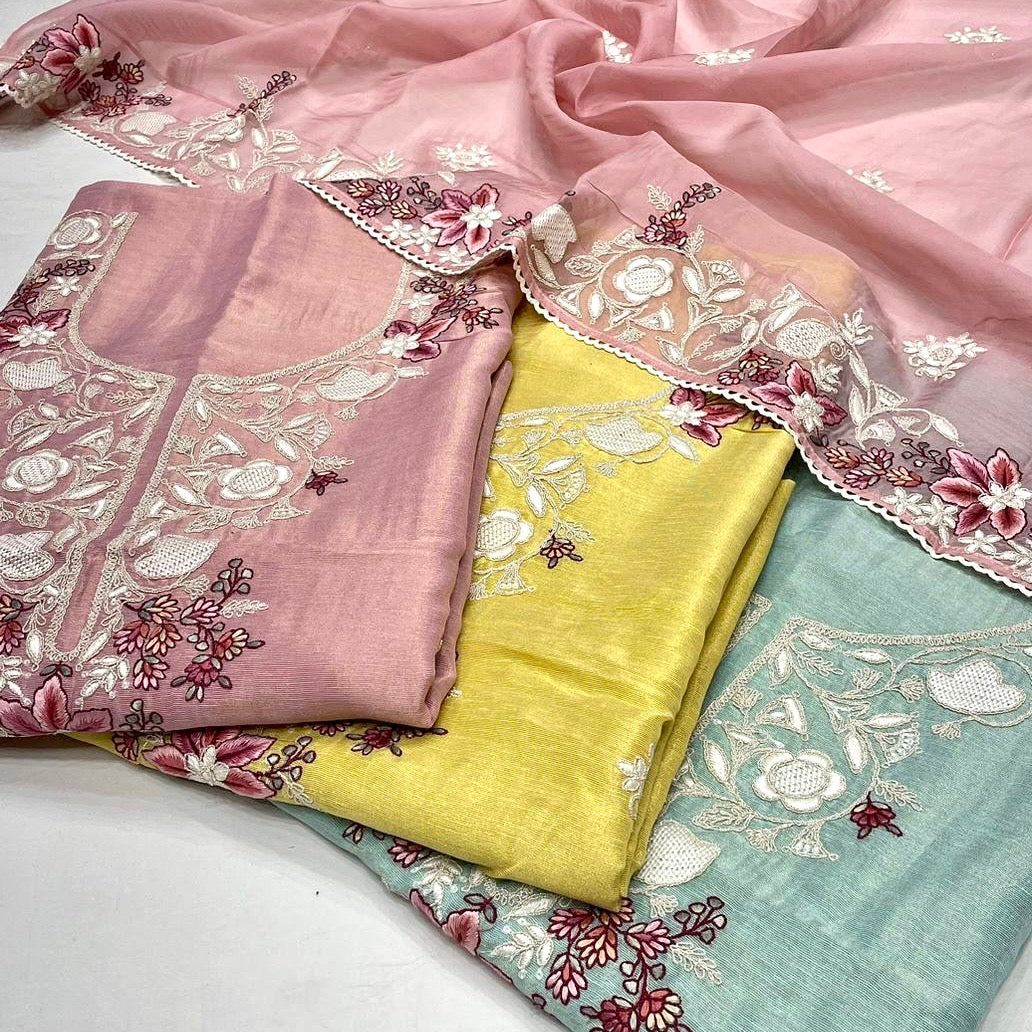 Linen Tissue Embroidered Suit (Shirt/Bottom/Dupatta)