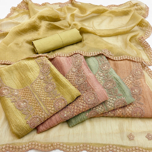 Premium Crush Tissue Embroidered Unstitched Suit Set | Festive Wear Dress Material | 4 Colours (₹4400 per suit)