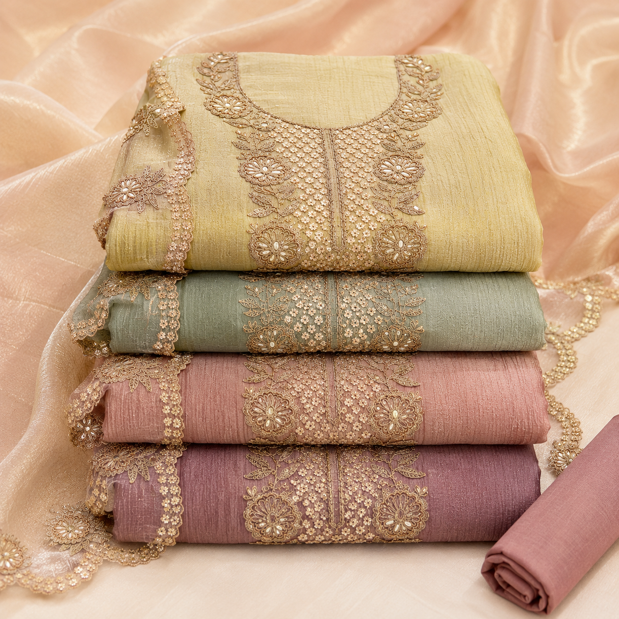 Premium Crush Tissue Embroidered Unstitched Suit Set | Festive Wear Dress Material | 4 Colours (₹4400 per suit)