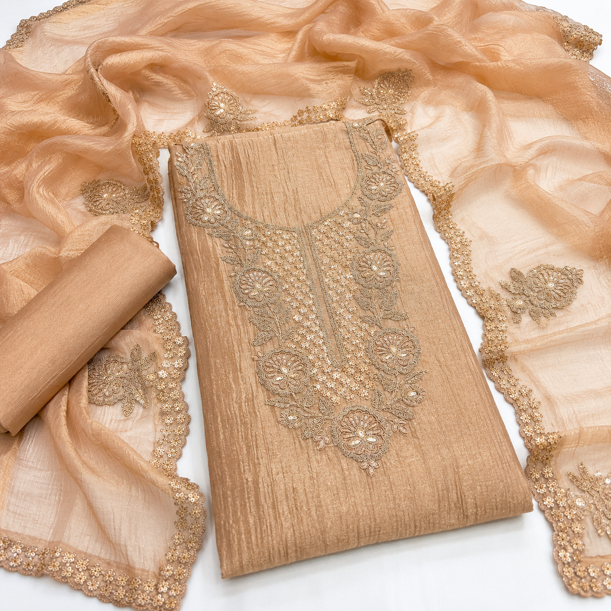 Premium Crush Tissue Embroidered Unstitched Suit Set | Festive Wear Dress Material | 4 Colours (₹4400 per suit)
