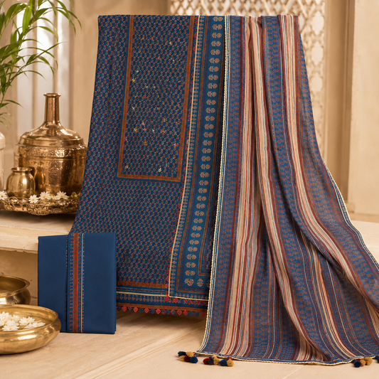Organic Cotton Lacework Unstitched Suit Blue