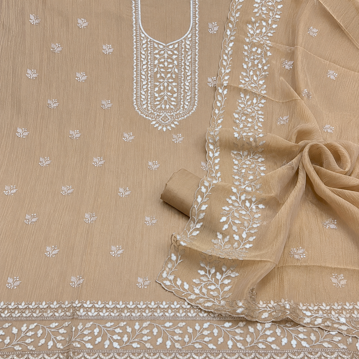 Premium Gold Foil Patti Crush Silk Tissue Embroidered Unstitched Suit Set | Pakistani Style | Taupe Beige (₹4500 per suit)