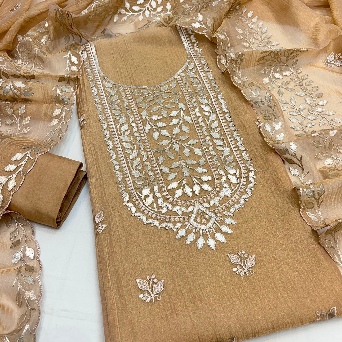 Premium Gold Foil Patti Crush Silk Tissue Embroidered Unstitched Suit Set | Pakistani Style | Taupe Beige (₹4500 per suit)