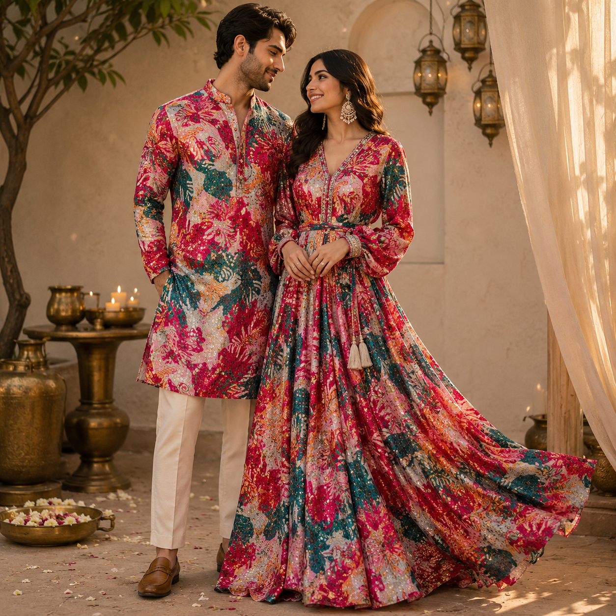 Pure Chinon Print with Embroidery Multi Coloured (₹675 per meter)