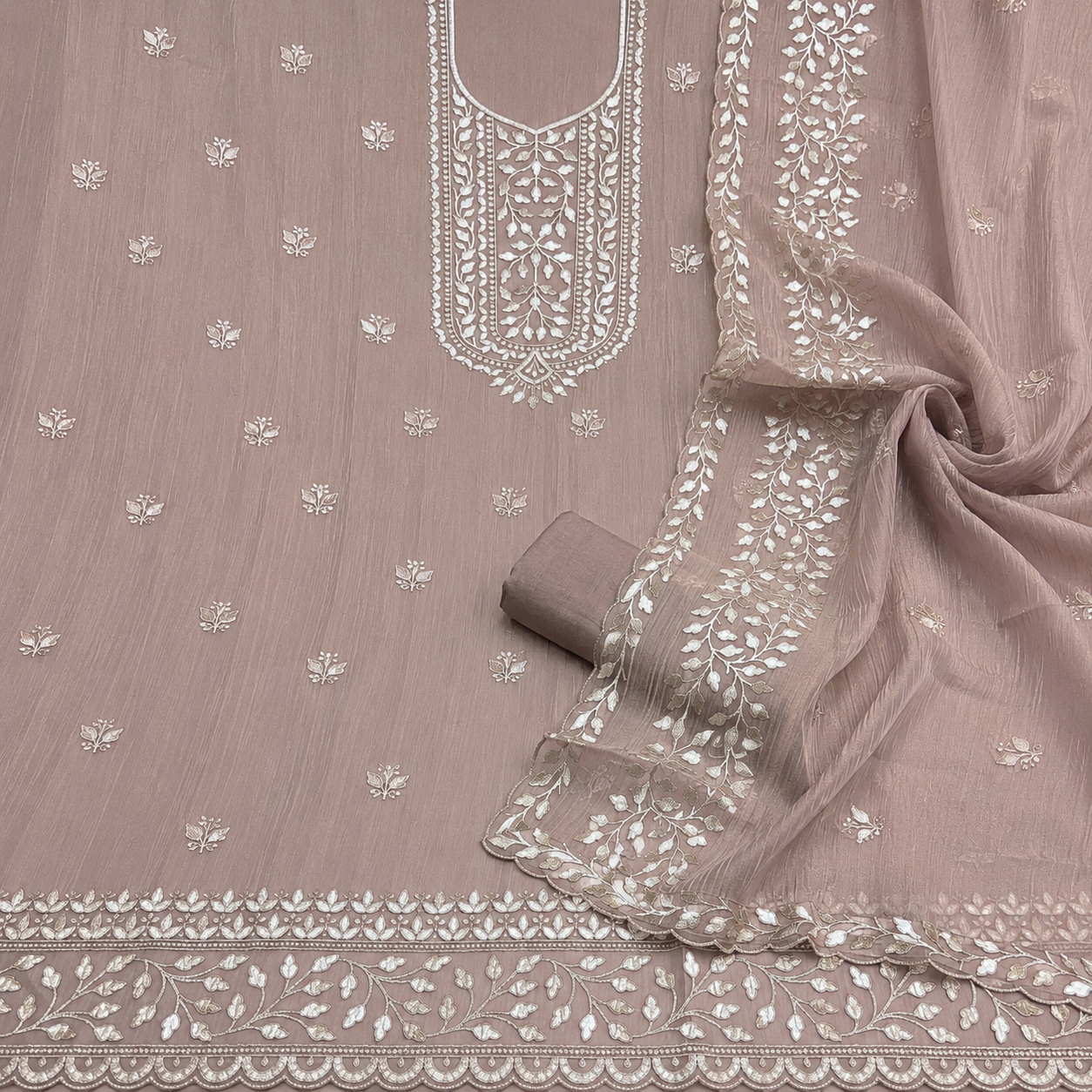 Premium Gold Foil Patti Crush Silk Tissue Embroidered Unstitched Suit Set | Pakistani Style | Taupe Beige (₹4500 per suit)