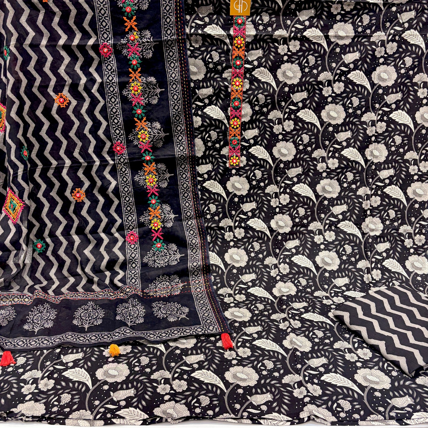 Pure Cotton Black Kutchi Suit (Unstitched)