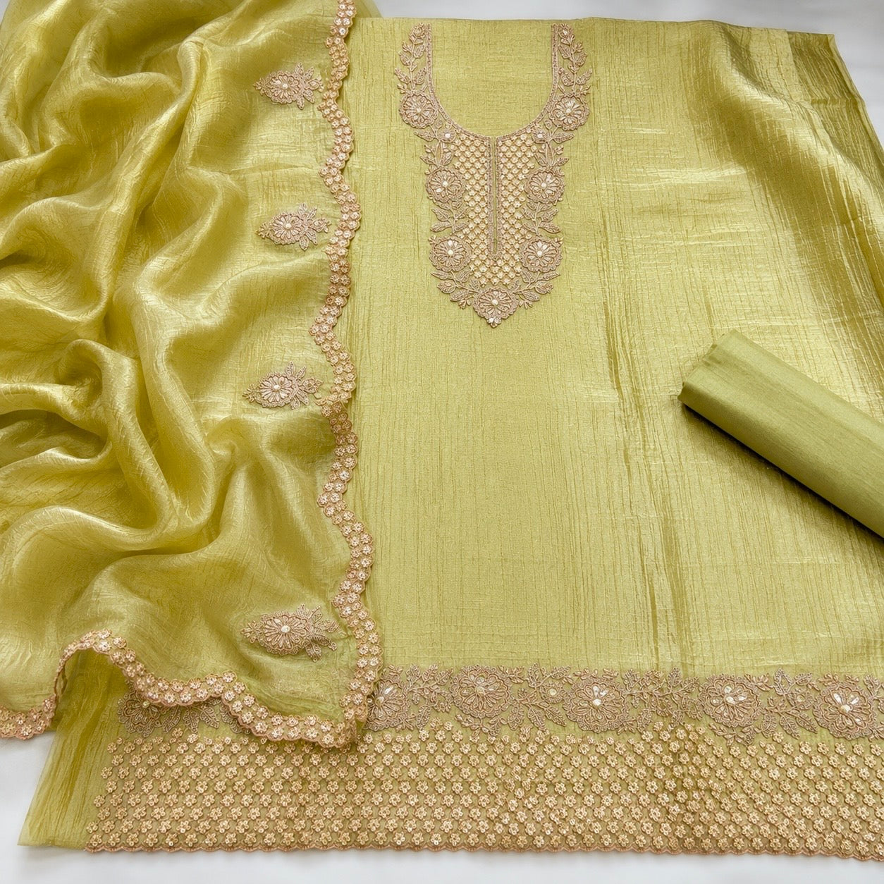 Premium Crush Tissue Embroidered Unstitched Suit Set | Festive Wear Dress Material | 4 Colours (₹4400 per suit)