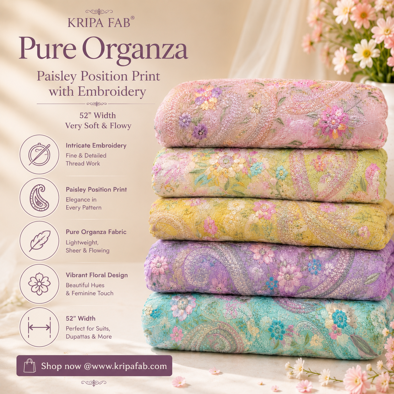 Luxury Pure Organza Paisley Position Print Embroidery (₹1350 per meter)