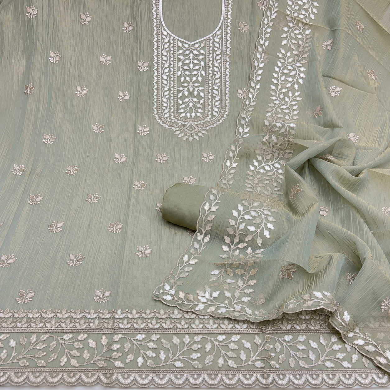 Premium Gold Foil Patti Crush Silk Tissue Embroidered Unstitched Suit Set | Pakistani Style | Taupe Beige (₹4500 per suit)
