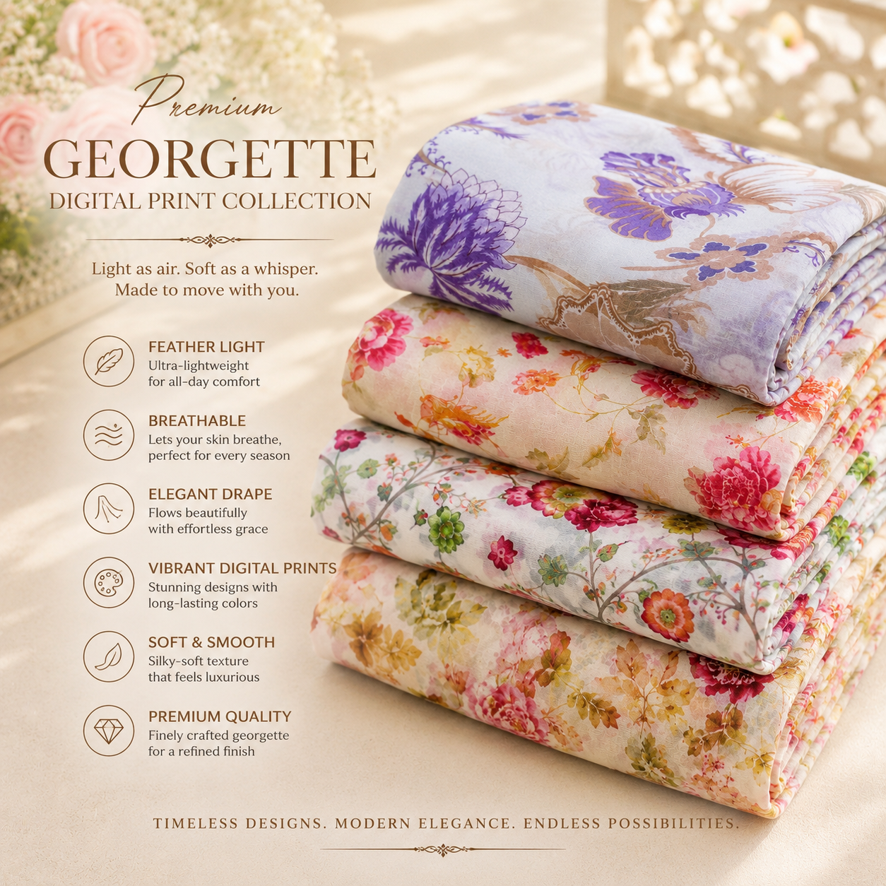 Spring Blossom Pure Viscose Georgette Dress Material Fabric (₹350 per meter)
