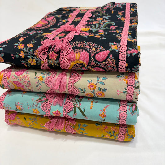 Pure Cotton 3pc Lace Suit (Unstitched)