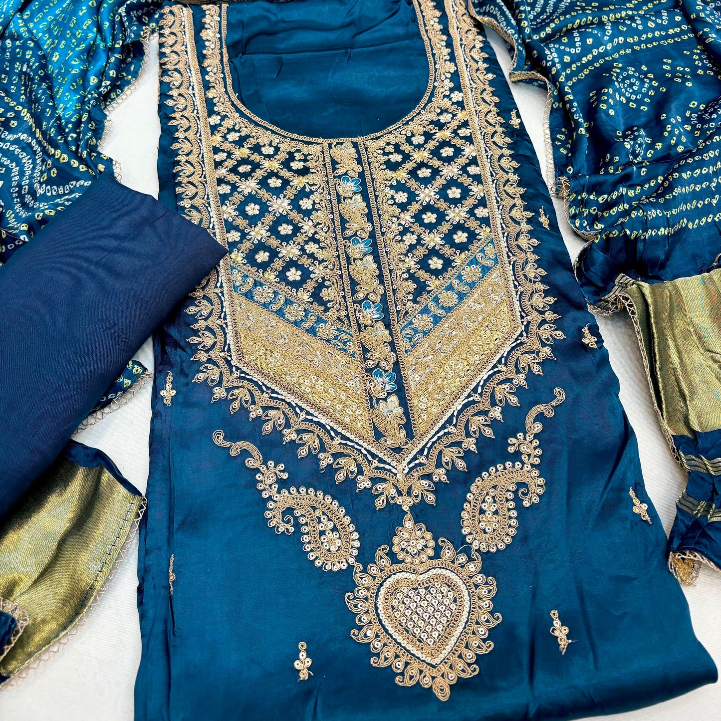 Gajji Silk Unstitched Suit with Embroidered Neckline & Bandhani Print (₹3700 per suit)