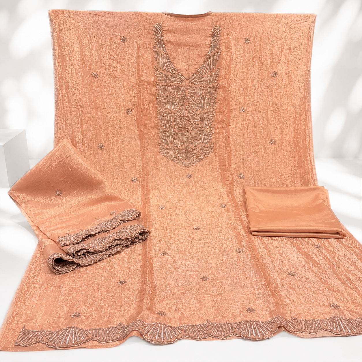 Exclusive Crushed Tissue Beads Work Party Wear Unstitched Suit Set (₹4450 per suit)