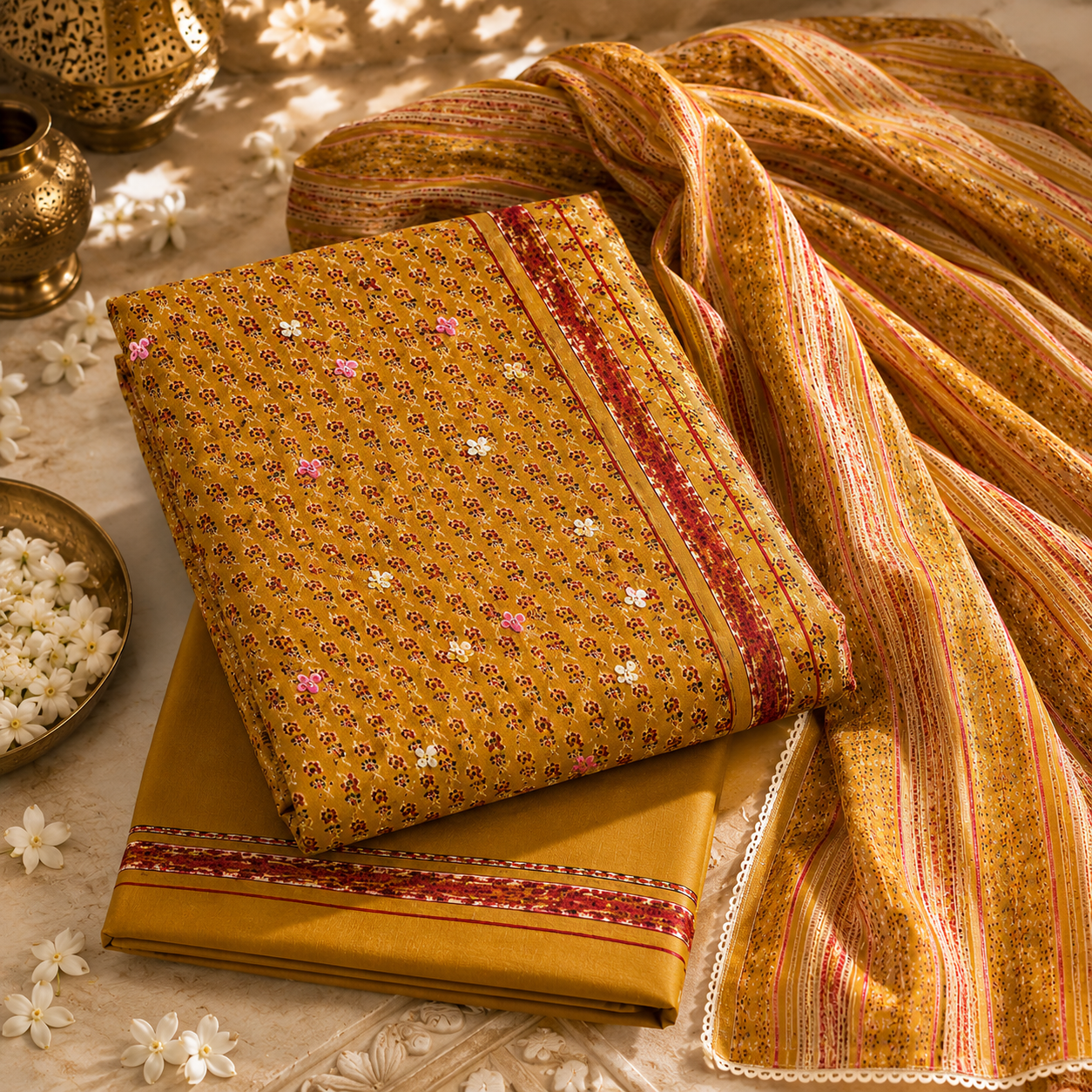 Organic Cotton Lacework Unstitched Suit Mustard (₹2550 per suit)