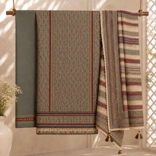Organic Cotton Lacework Unstitched Suit Grey