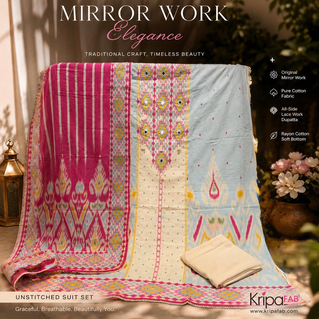 Premium Pure Cotton Mirror Work Unstitched Suit with Lace Work Dupatta (₹1990 per suit)